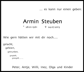 Anzeige von Armin Steuben von Kölner Stadt-Anzeiger / Kölnische Rundschau / Express