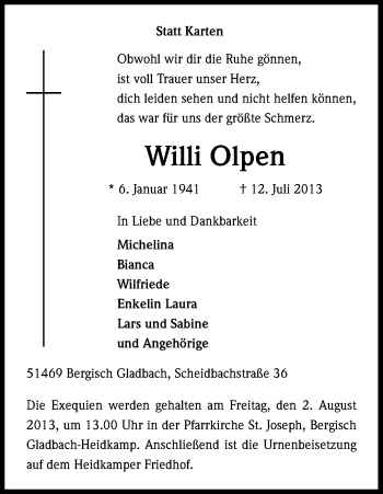 Anzeige von Willi Olpen von Kölner Stadt-Anzeiger / Kölnische Rundschau / Express