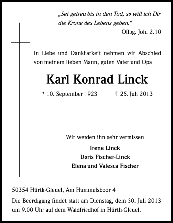 Anzeige von Karl Konrad Linck von Kölner Stadt-Anzeiger / Kölnische Rundschau / Express