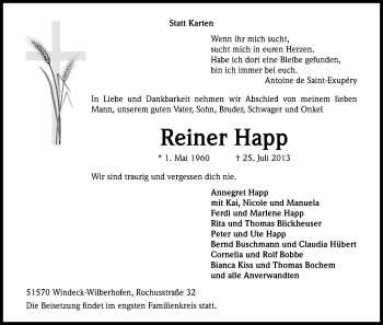 Anzeige von Reiner Happ von Kölner Stadt-Anzeiger / Kölnische Rundschau / Express