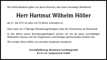 Anzeige von Hartmut Wilhelm Höller von Kölner Stadt-Anzeiger / Kölnische Rundschau / Express