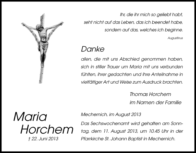  Traueranzeige für Maria Horchem vom 03.08.2013 aus Kölner Stadt-Anzeiger / Kölnische Rundschau / Express