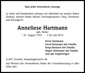 Anzeige von Anneliese Hartmann von Kölner Stadt-Anzeiger / Kölnische Rundschau / Express