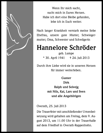 Anzeige von Hannelore Schröder von Kölner Stadt-Anzeiger / Kölnische Rundschau / Express
