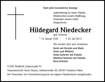 Anzeige von Hildegard Niedecker von Kölner Stadt-Anzeiger / Kölnische Rundschau / Express