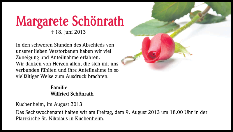  Traueranzeige für Margarete Schönrath vom 05.08.2013 aus Kölner Stadt-Anzeiger / Kölnische Rundschau / Express