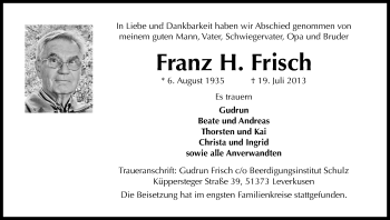 Anzeige von Franz Frisch von Kölner Stadt-Anzeiger / Kölnische Rundschau / Express