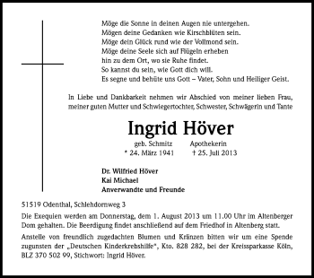Anzeige von Ingrid Höver von Kölner Stadt-Anzeiger / Kölnische Rundschau / Express