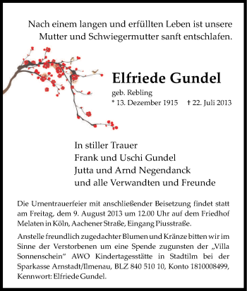 Anzeige von Elfriede Gundel von Kölner Stadt-Anzeiger / Kölnische Rundschau / Express