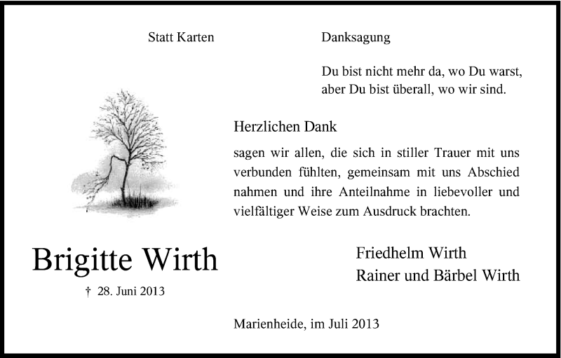  Traueranzeige für Brigitte Wirth vom 29.07.2013 aus Kölner Stadt-Anzeiger / Kölnische Rundschau / Express