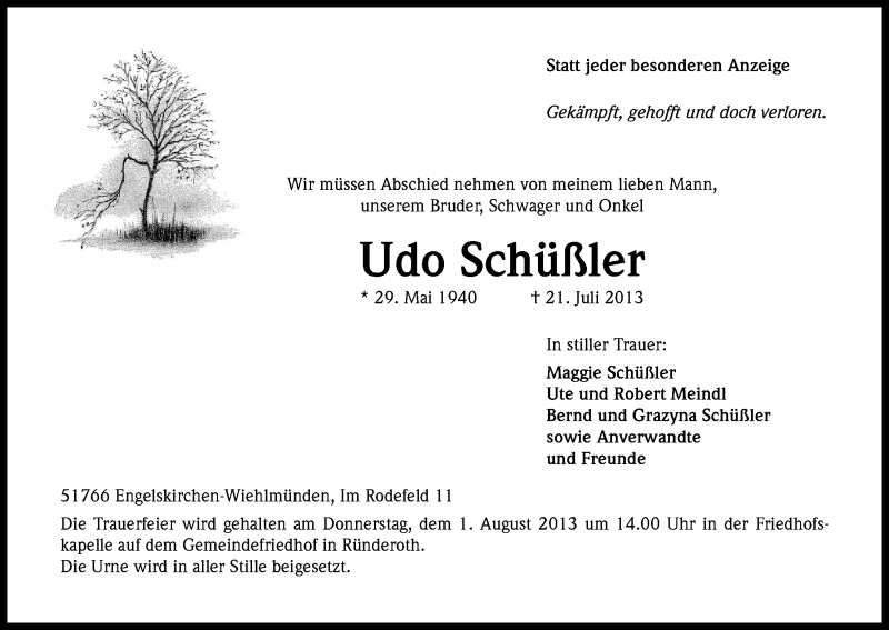  Traueranzeige für Udo Schüßler vom 29.07.2013 aus Kölner Stadt-Anzeiger / Kölnische Rundschau / Express