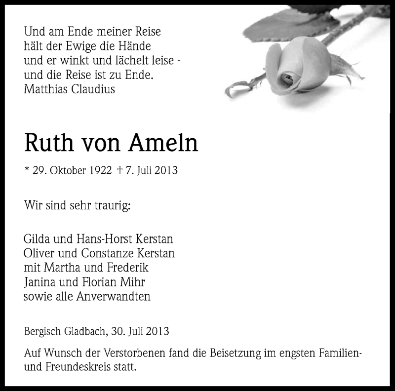  Traueranzeige für Ruth von Ameln vom 30.07.2013 aus Kölner Stadt-Anzeiger / Kölnische Rundschau / Express