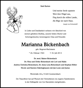 Anzeige von Marianna Bickenbach von Kölner Stadt-Anzeiger / Kölnische Rundschau / Express