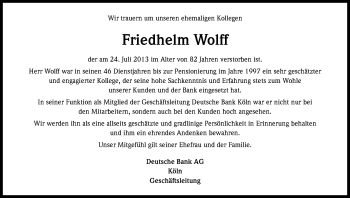 Anzeige von Friedhelm Wolff von Kölner Stadt-Anzeiger / Kölnische Rundschau / Express