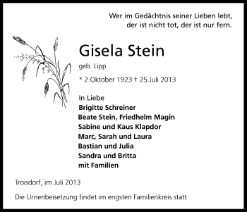 Anzeige von Gisela Stein von Kölner Stadt-Anzeiger / Kölnische Rundschau / Express