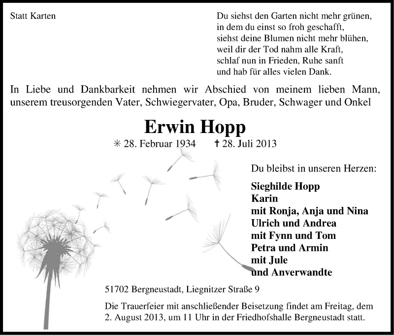  Traueranzeige für Erwin Hopp vom 30.07.2013 aus Kölner Stadt-Anzeiger / Kölnische Rundschau / Express