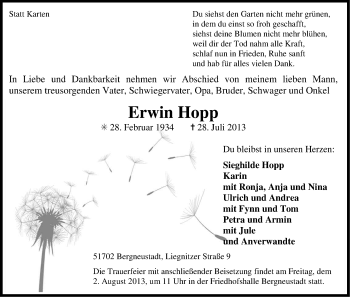 Anzeige von Erwin Hopp von Kölner Stadt-Anzeiger / Kölnische Rundschau / Express