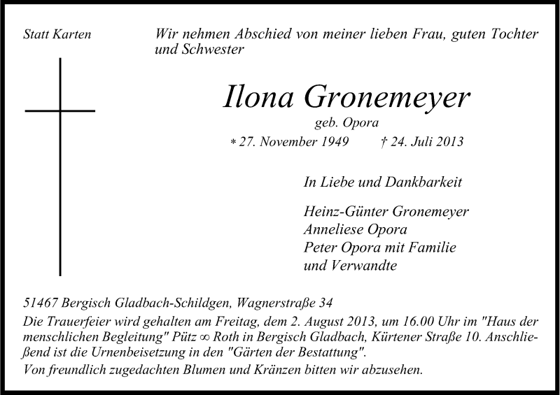  Traueranzeige für Ilona Gronemeyer vom 30.07.2013 aus Kölner Stadt-Anzeiger / Kölnische Rundschau / Express