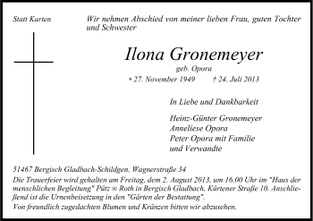Anzeige von Ilona Gronemeyer von Kölner Stadt-Anzeiger / Kölnische Rundschau / Express