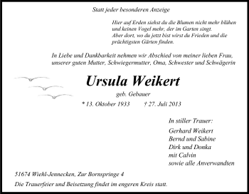 Anzeige von Ursula Weikert von Kölner Stadt-Anzeiger / Kölnische Rundschau / Express