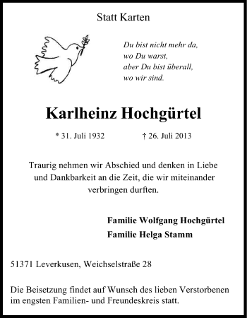 Anzeige von Karlheinz Hochgürtel von Kölner Stadt-Anzeiger / Kölnische Rundschau / Express