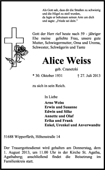 Anzeige von Alice Weiss von Kölner Stadt-Anzeiger / Kölnische Rundschau / Express