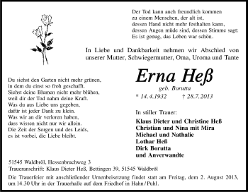 Anzeige von Erna Heß von Kölner Stadt-Anzeiger / Kölnische Rundschau / Express