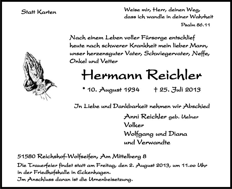  Traueranzeige für Hermann Reichler vom 30.07.2013 aus Kölner Stadt-Anzeiger / Kölnische Rundschau / Express