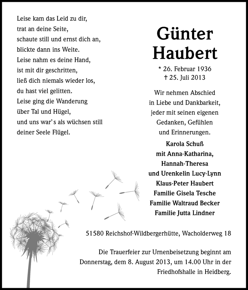  Traueranzeige für Günter Haubert vom 30.07.2013 aus Kölner Stadt-Anzeiger / Kölnische Rundschau / Express