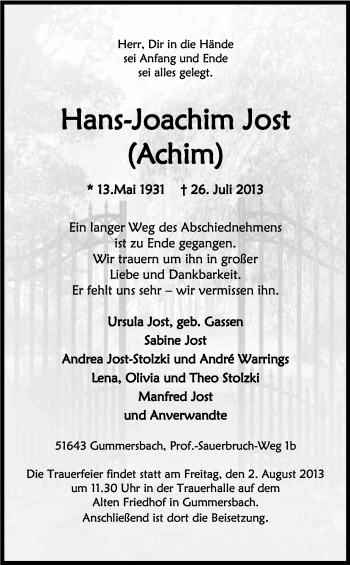Anzeige von Hans-Joachim Jost von Kölner Stadt-Anzeiger / Kölnische Rundschau / Express