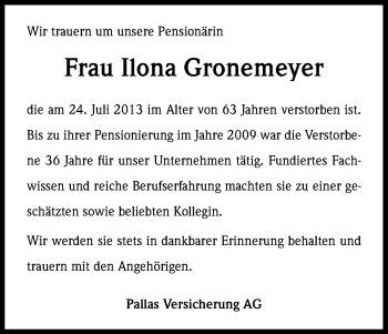 Anzeige von Ilona Gronemeyer von Kölner Stadt-Anzeiger / Kölnische Rundschau / Express