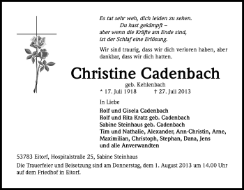 Anzeige von Christine Cadenbach von Kölner Stadt-Anzeiger / Kölnische Rundschau / Express