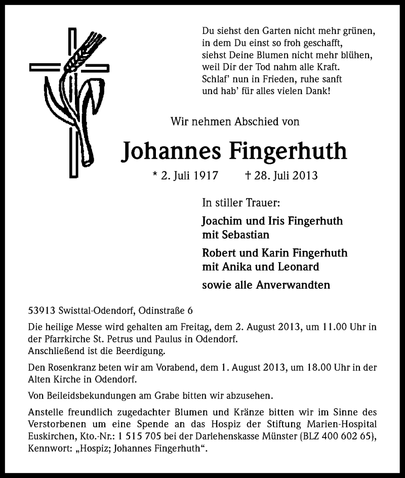  Traueranzeige für Johannes Fingerhuth vom 31.07.2013 aus Kölner Stadt-Anzeiger / Kölnische Rundschau / Express