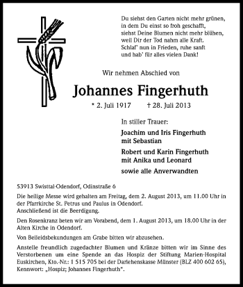 Anzeige von Johannes Fingerhuth von Kölner Stadt-Anzeiger / Kölnische Rundschau / Express