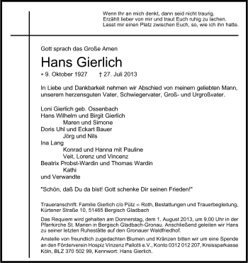Anzeige von Hans Gierlich von Kölner Stadt-Anzeiger / Kölnische Rundschau / Express