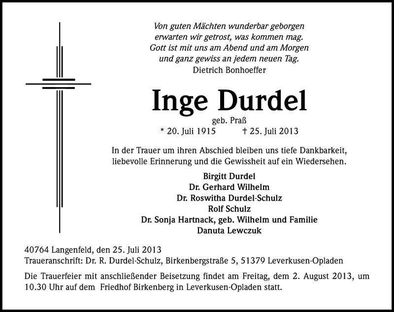  Traueranzeige für Inge Durdel vom 31.07.2013 aus Kölner Stadt-Anzeiger / Kölnische Rundschau / Express