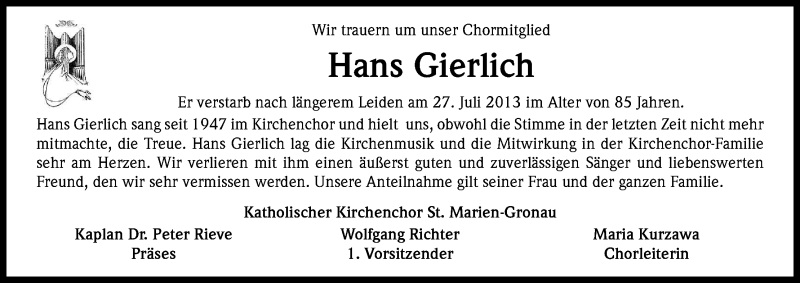  Traueranzeige für Hans Gierlich vom 31.07.2013 aus Kölner Stadt-Anzeiger / Kölnische Rundschau / Express
