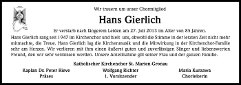 Anzeige von Hans Gierlich von Kölner Stadt-Anzeiger / Kölnische Rundschau / Express