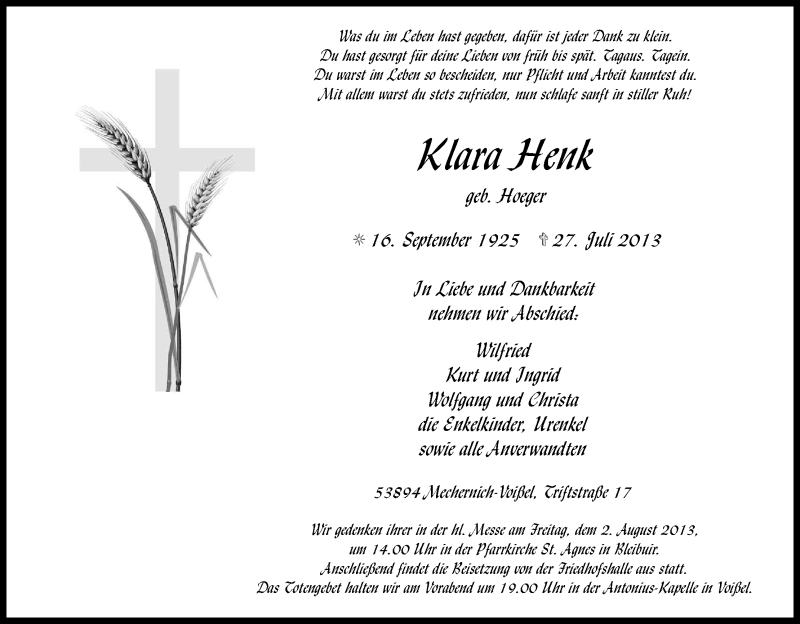  Traueranzeige für Klara Henk vom 30.07.2013 aus Kölner Stadt-Anzeiger / Kölnische Rundschau / Express