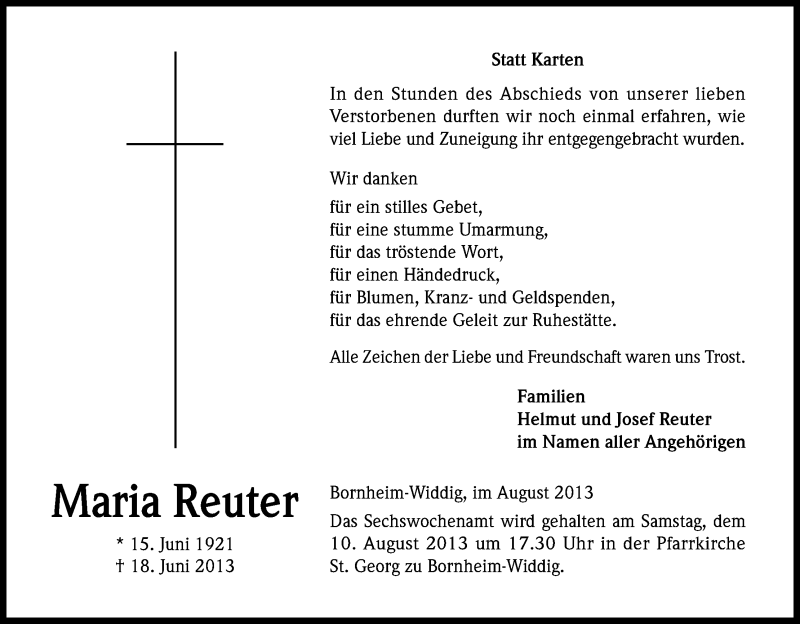  Traueranzeige für Maria Reuter vom 01.08.2013 aus Kölner Stadt-Anzeiger / Kölnische Rundschau / Express