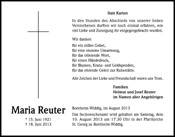 Anzeige von Maria Reuter von Kölner Stadt-Anzeiger / Kölnische Rundschau / Express