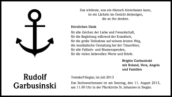 Anzeige von Rudolf Garbusinski von Kölner Stadt-Anzeiger / Kölnische Rundschau / Express
