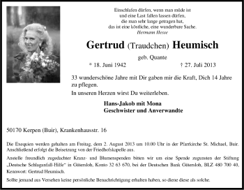Anzeige von Gertrud Heumisch von Kölner Stadt-Anzeiger / Kölnische Rundschau / Express