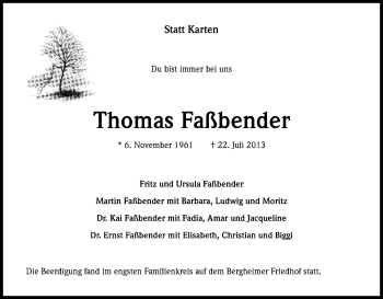 Anzeige von Thomas Faßbender von Kölner Stadt-Anzeiger / Kölnische Rundschau / Express