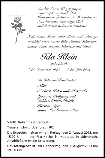 Anzeige von Ida Klein von Kölner Stadt-Anzeiger / Kölnische Rundschau / Express