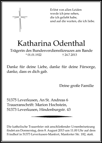 Anzeige von Katharina Odenthal von Kölner Stadt-Anzeiger / Kölnische Rundschau / Express