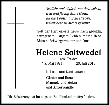 Anzeige von Helene Soltwedel von Kölner Stadt-Anzeiger / Kölnische Rundschau / Express