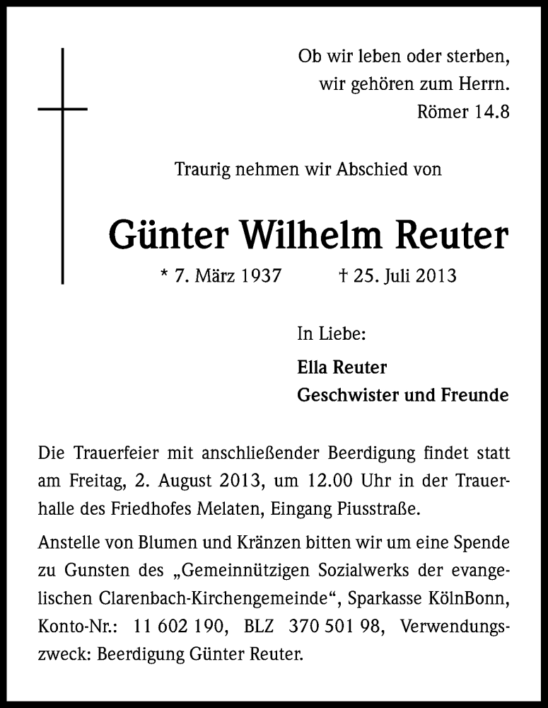  Traueranzeige für Günter Wilhelm Reuter vom 31.07.2013 aus Kölner Stadt-Anzeiger / Kölnische Rundschau / Express