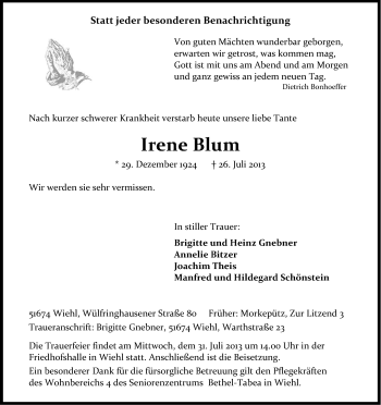 Anzeige von Irene Blum von Kölner Stadt-Anzeiger / Kölnische Rundschau / Express