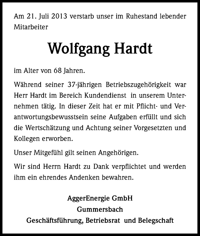 Traueranzeige für Wolfgang Hardt vom 31.07.2013 aus Kölner Stadt-Anzeiger / Kölnische Rundschau / Express
